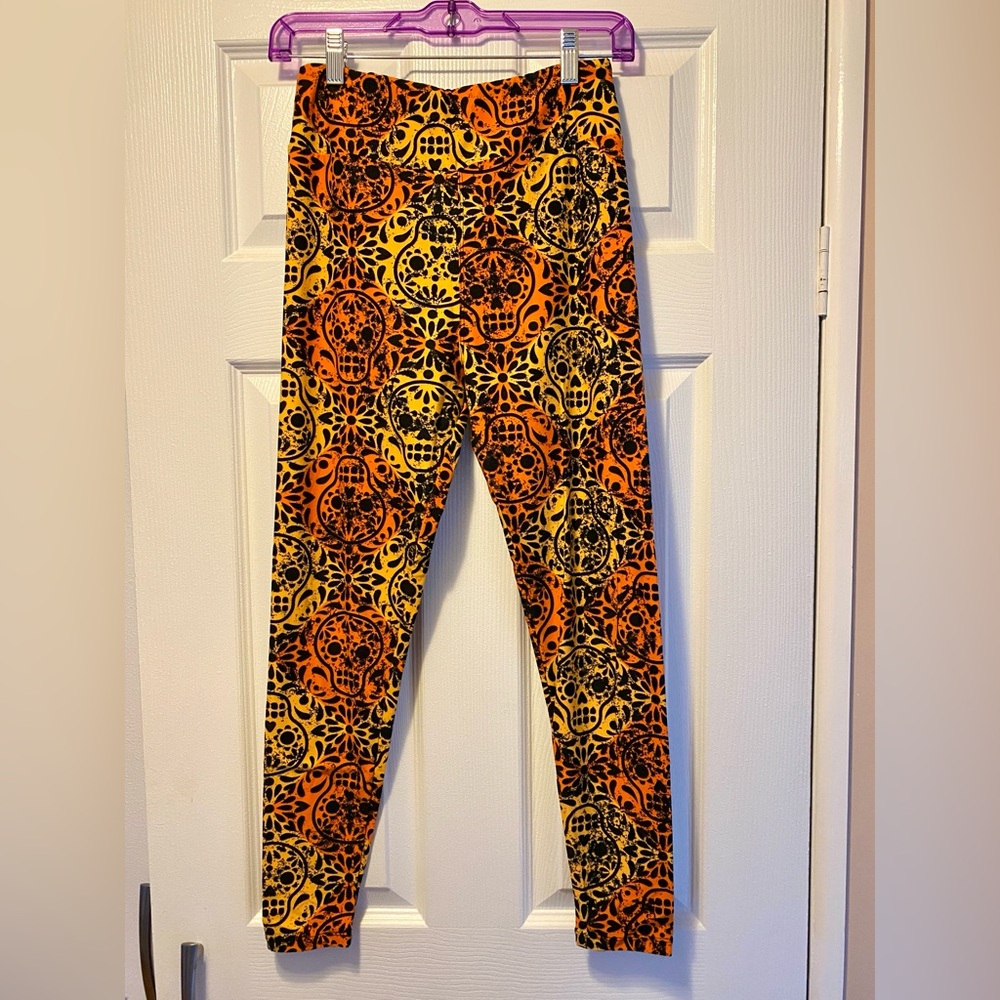 Women’s LuLaRoe Halloween Skull Print Leggings - Orange and Black